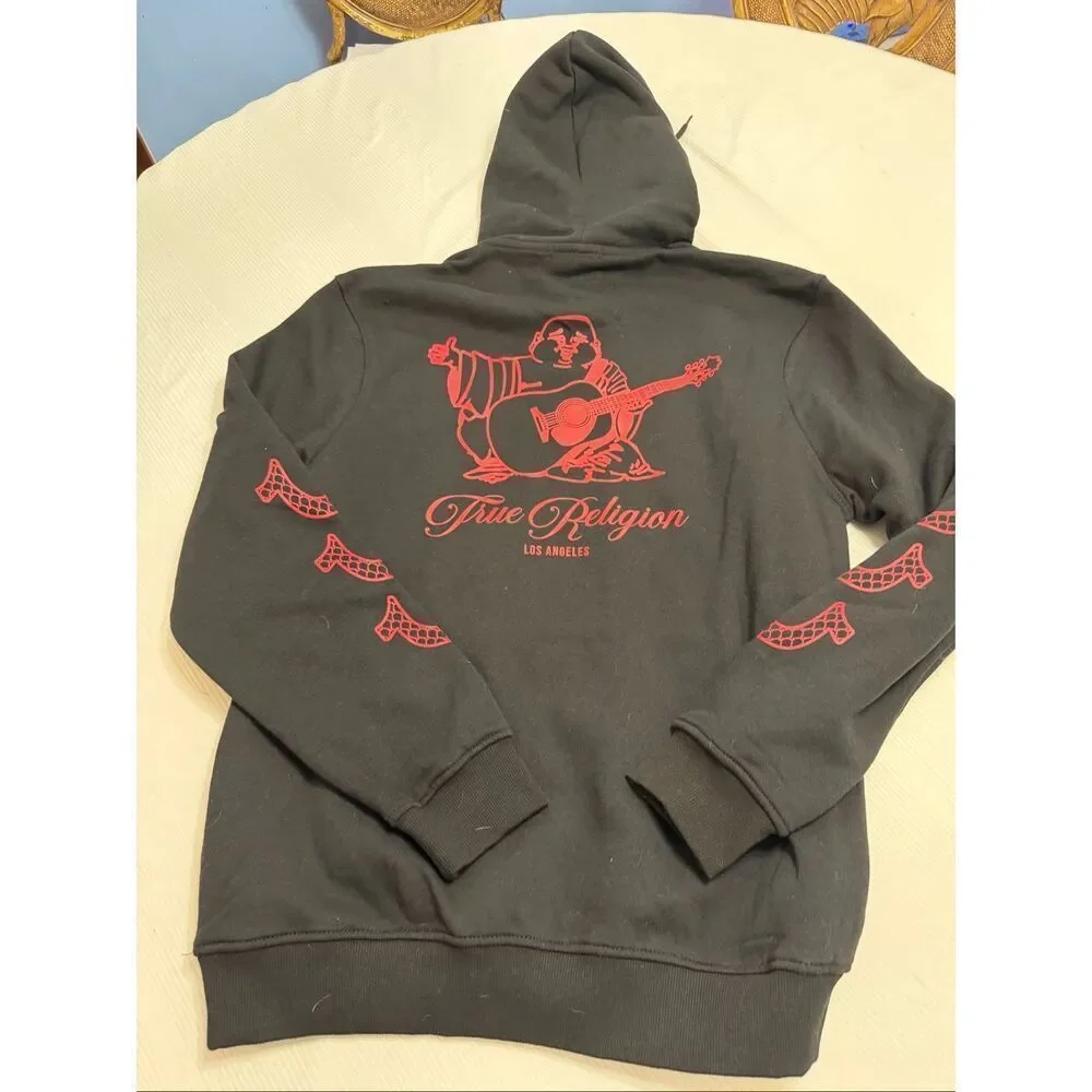 NWT True Religion Men’s Black Red Pullover Hoodie Sweatshirt Size Large New